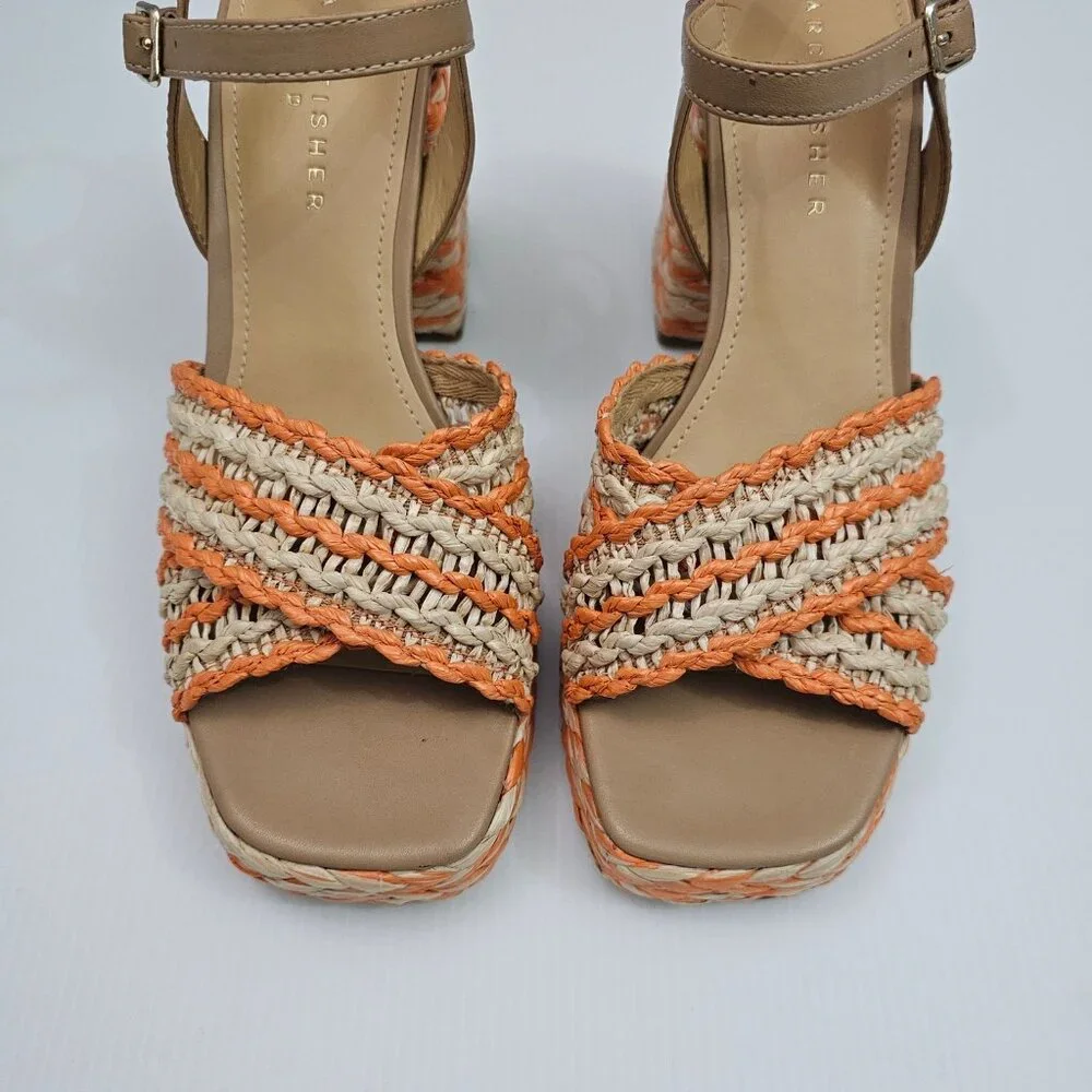 Marc Fisher LTD Juliey Block Heel Sandal Women 9.5 Orange Raffia Platform Resort